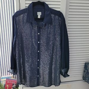 Chico's Blue and Silver Button Down Shirt/Shacket 3=16/XL